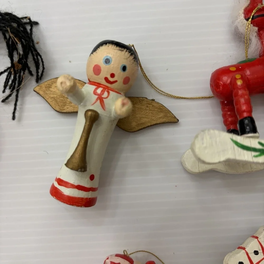 Vintage 70s 80s Wooden Christmas Tree Ornaments Lot Of 8 Folk‎ Art Angel Santa